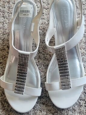 comfort plus by Predictions White T-Strap Rhinestone Slingback Sandals
